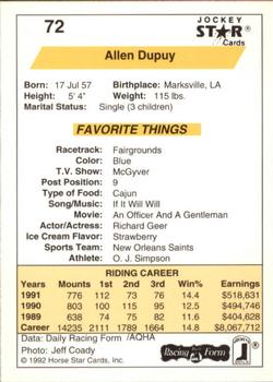 1992 Jockey Star #72 Allen Dupuy Back